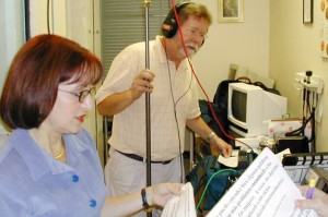 Lyvia and Bruce filming in the Audiology Lab